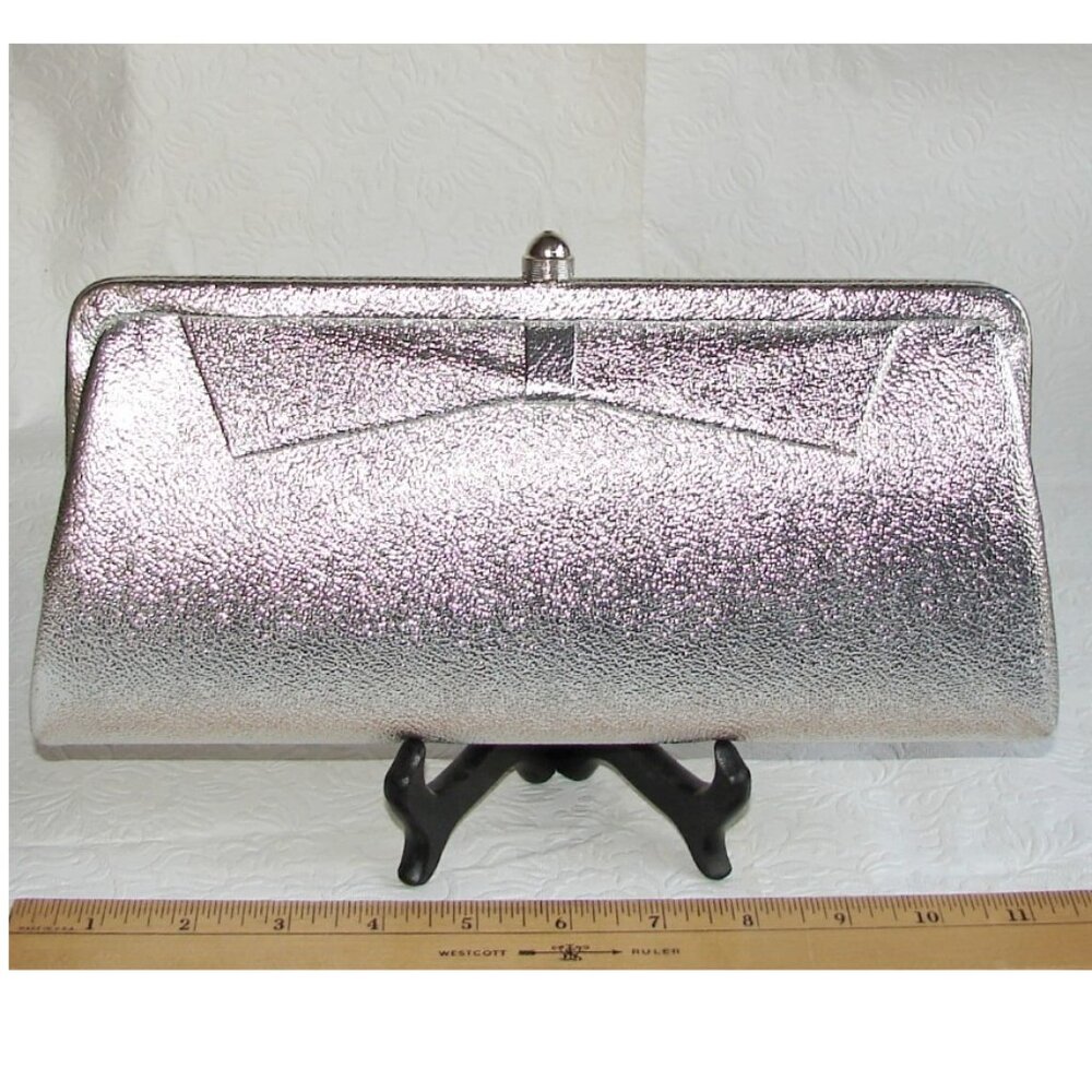 Vtg Admiral Clutch Purse Handbag, Shiny Silver Lamé Evening Bag, Optional Chain